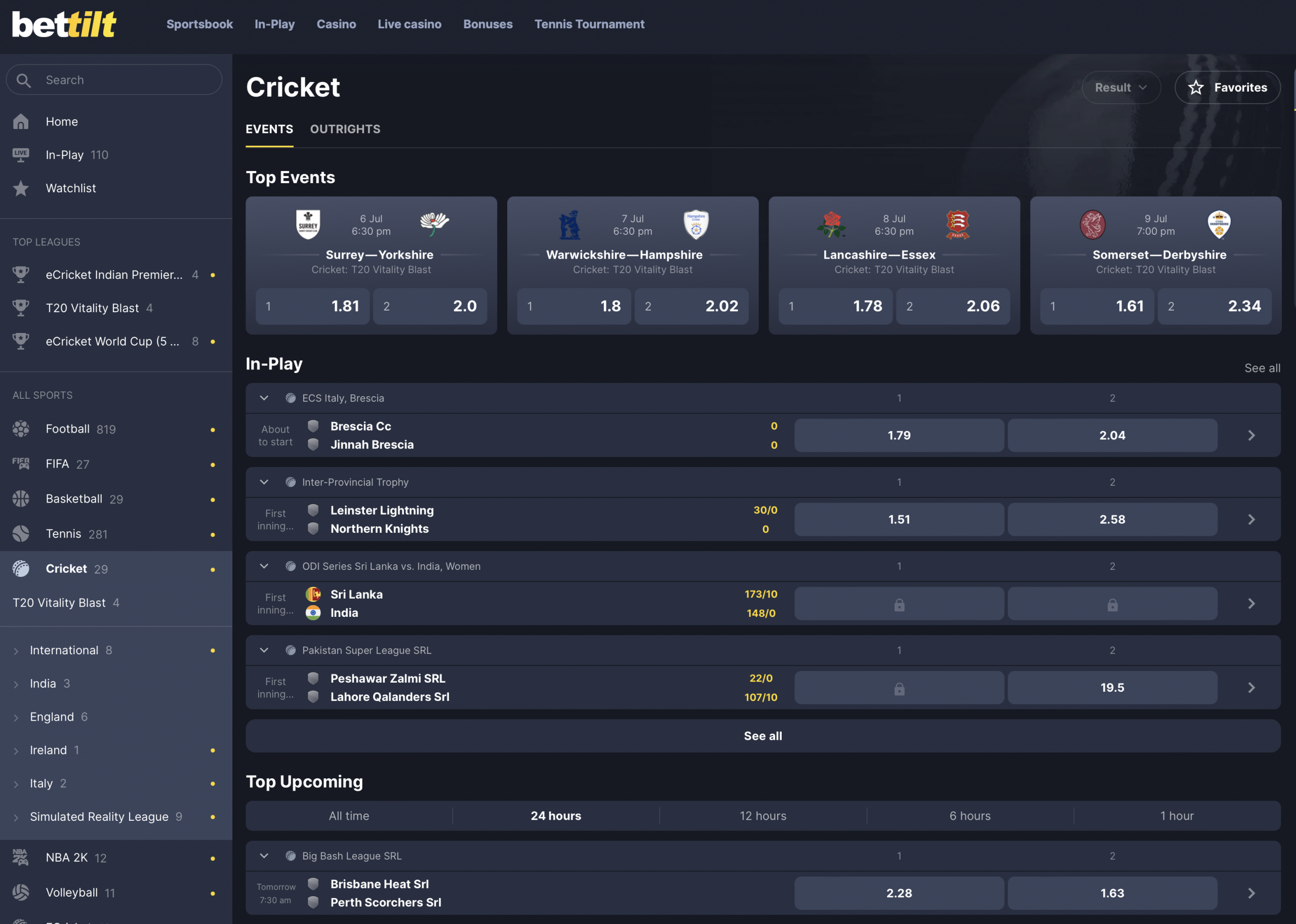 bettilt cricket betting market screenshot