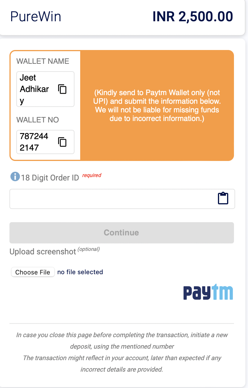 PureWin Paytm deposit screenshot.