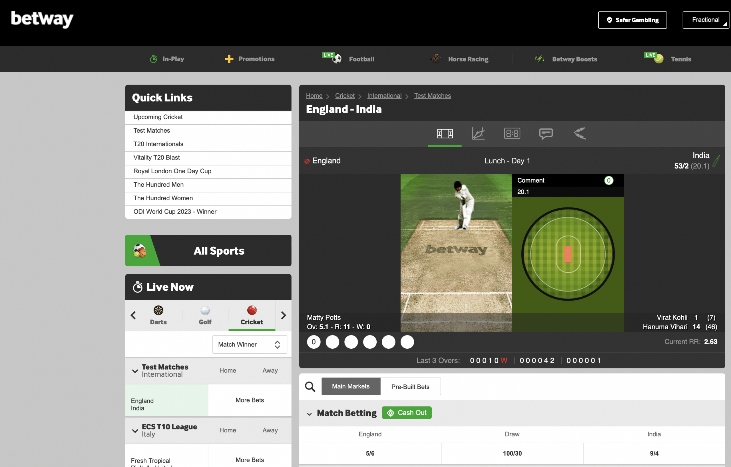 live match cricket betting with betway screenshot